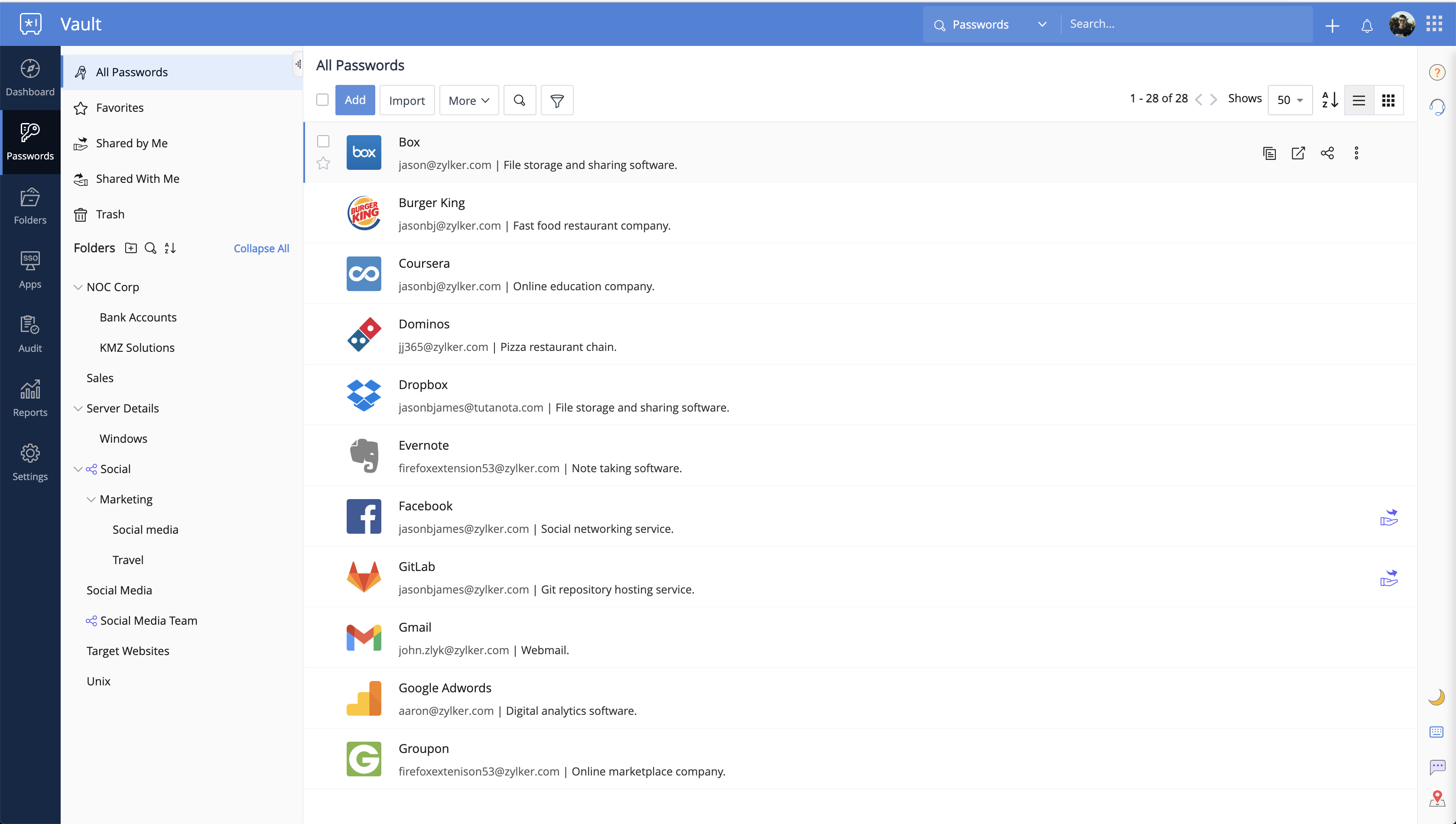 screenshot of Zoho Vault